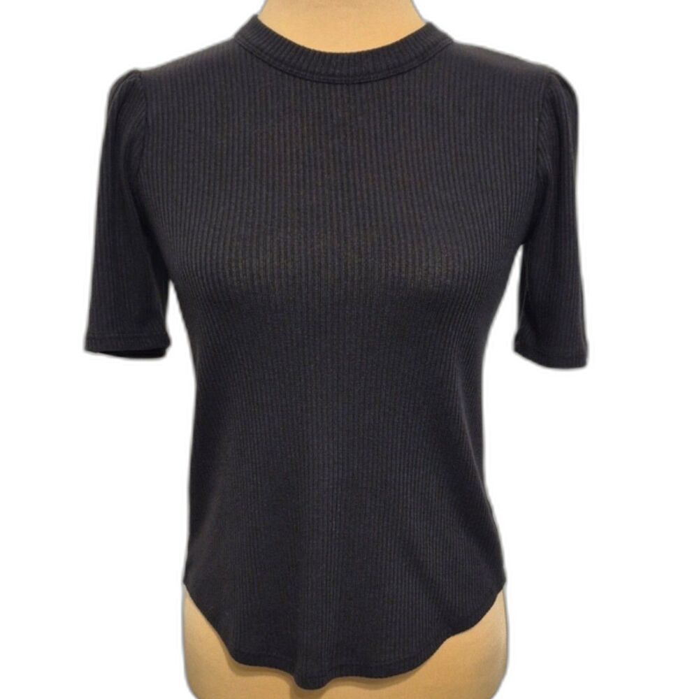 Faherty Black Ribbed Puff Sleeve Crewneck Tee XS Fitted SS Elevated Basic Top